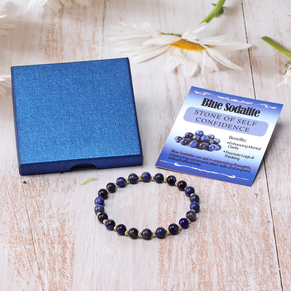 QOGIR Blue Sodalite - Self Confidence - 14K Gold Plated Beads Natural Gemstone Stretch Elastic Dainty Healing Beaded Bracelets Gifts 6mm