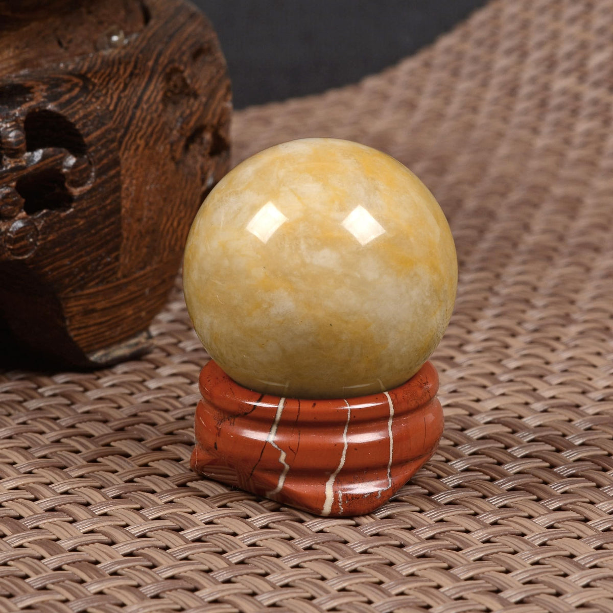 Justinstones Natural Polished Yellow Jade Sphere with Red Jasper Stand – Handcrafted Gemstone 30mm Ball for Energy Healing, Meditation, and Home Décor