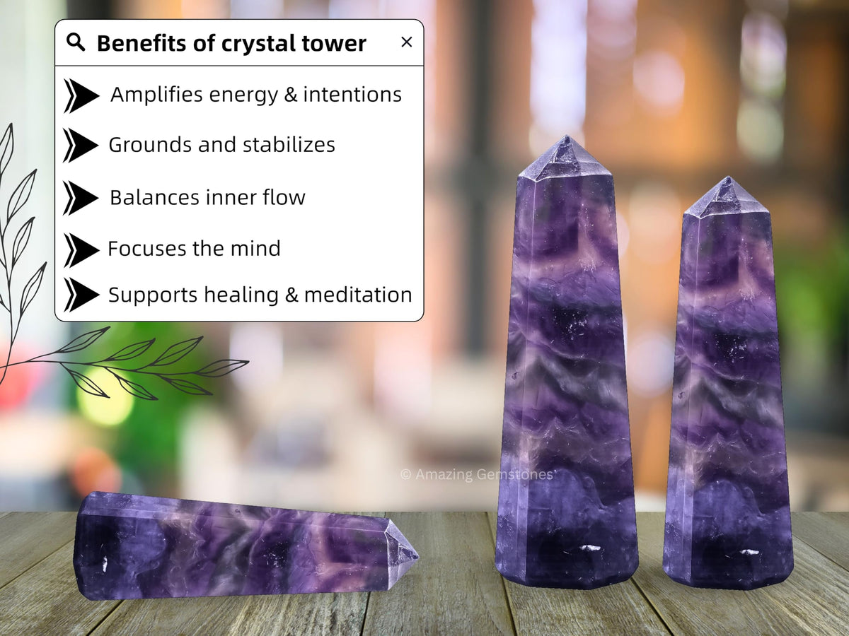 Amazing Gemstone Purple Fluorite Crystal Towers - Natural Healing Crystal Point Obelisk for Reiki Healing and Crystal Grid (3" to 4" INCH)