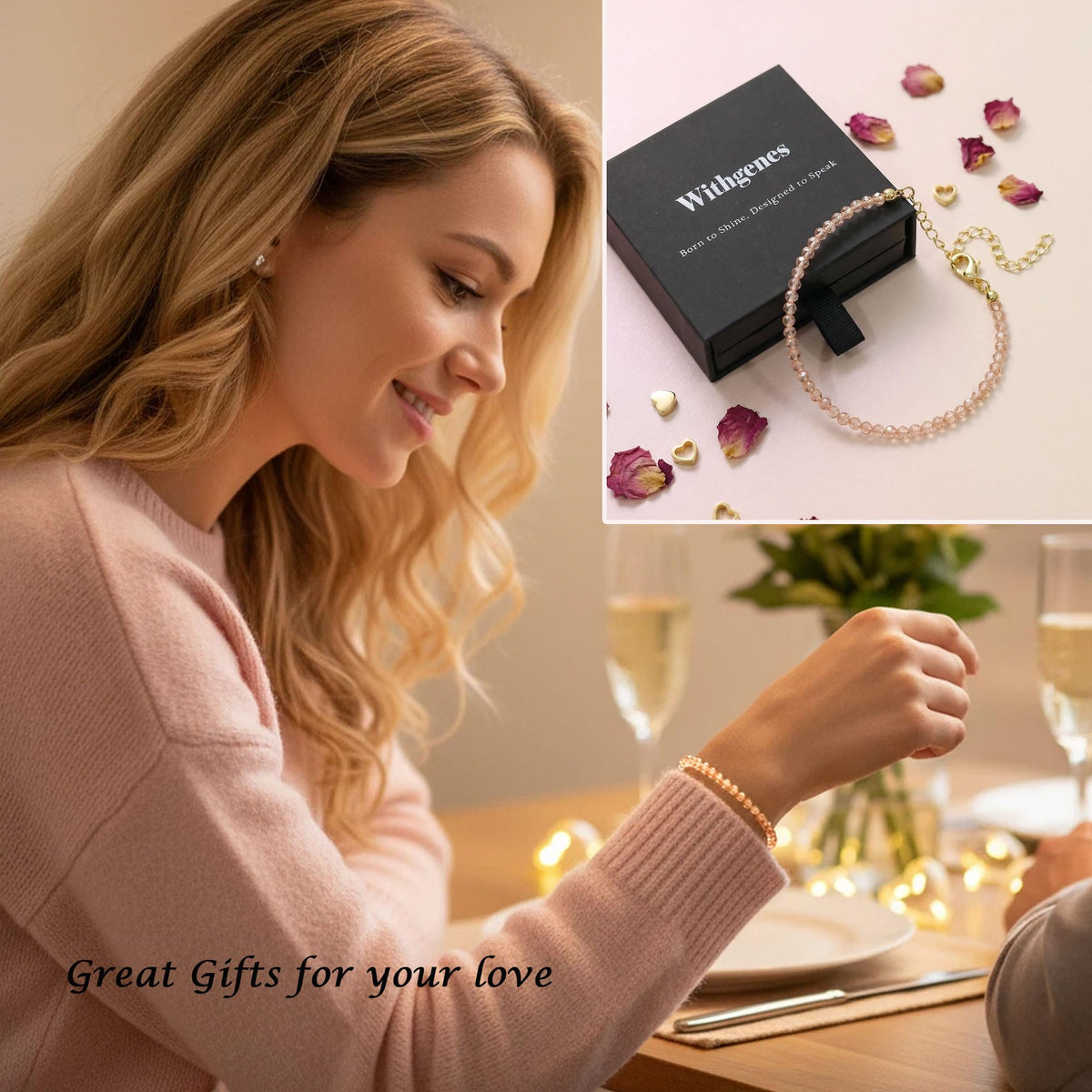 Withgenes Sparkly Champagne Gold Bracelet Exquisite Elegance CZ Crystal Gemstone Bead Bracelets 18K Plated Simple Jewelry Unique Present for Women