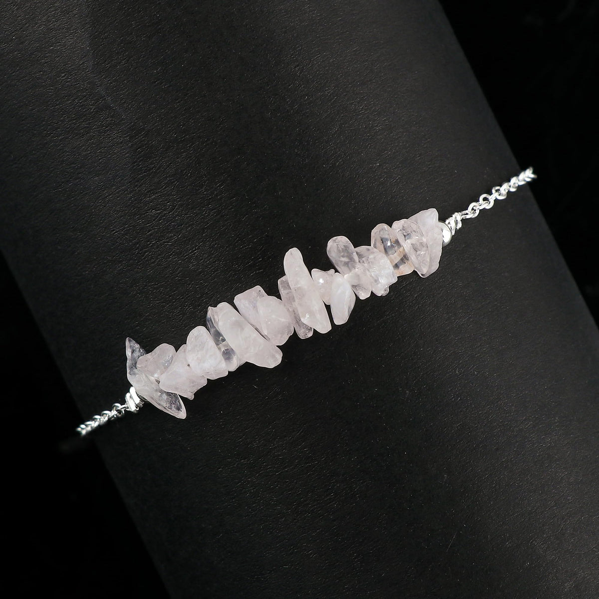 Gemimpression Handmade Rose Quartz Chips Bar Bracelet – Natural Energy Healing Crystals – Silver Plated Adjustable 8 Inch Chain – Christmas Gift