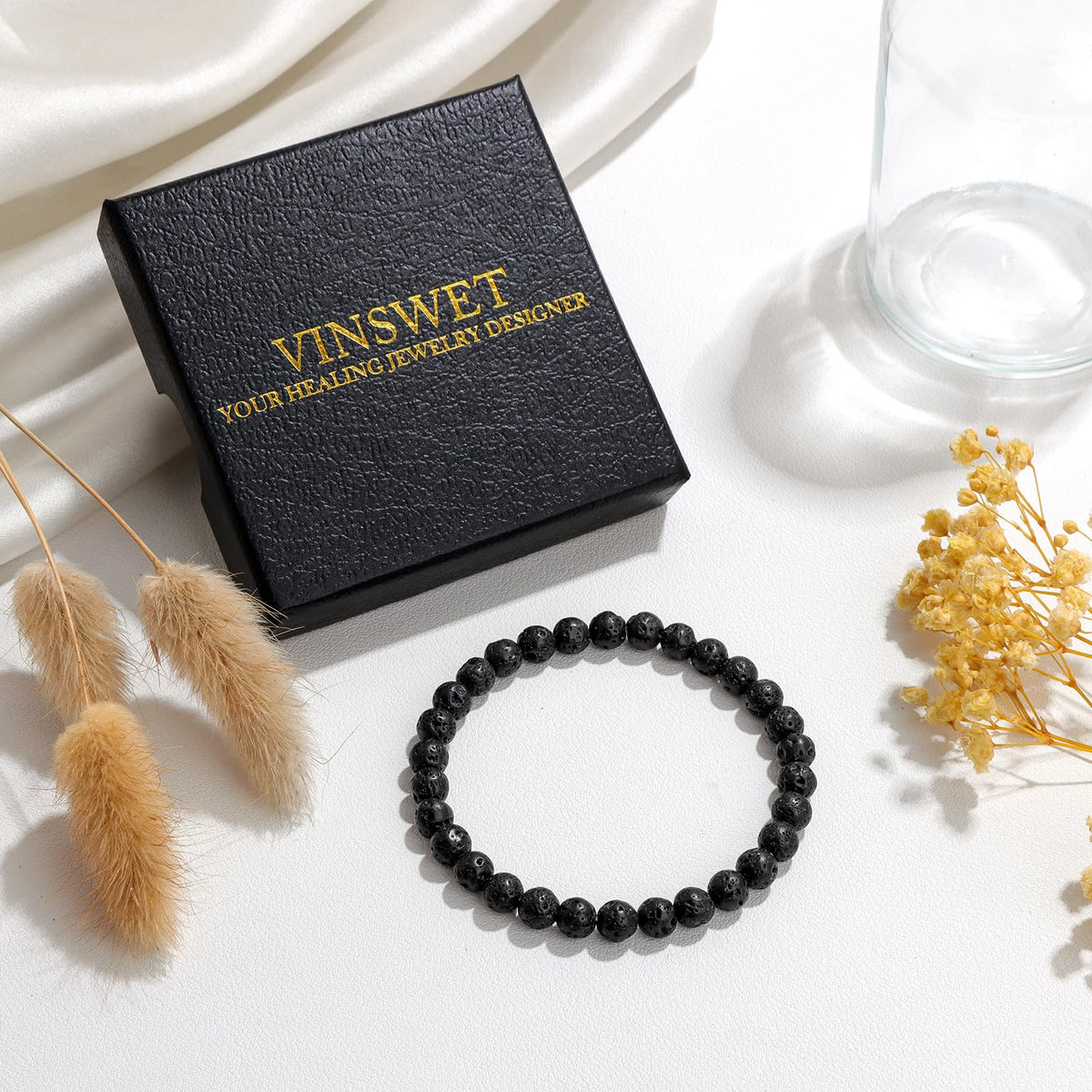 Vinswet Healing Crystal Bracelets for Women Men 6mm Lava Rock Natural Stone Beaded Stretch Bracelet Handmade Gemstone Reiki Spiritual Jewelry Gifts