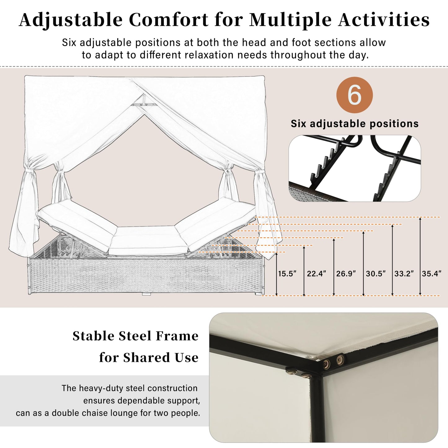 roomfitters Luxury Cabana Vibrant Orange Outdoor Double Chaise Lounge Patio Daybed with Privacy Curtains and Adjustable Reclining Backrest