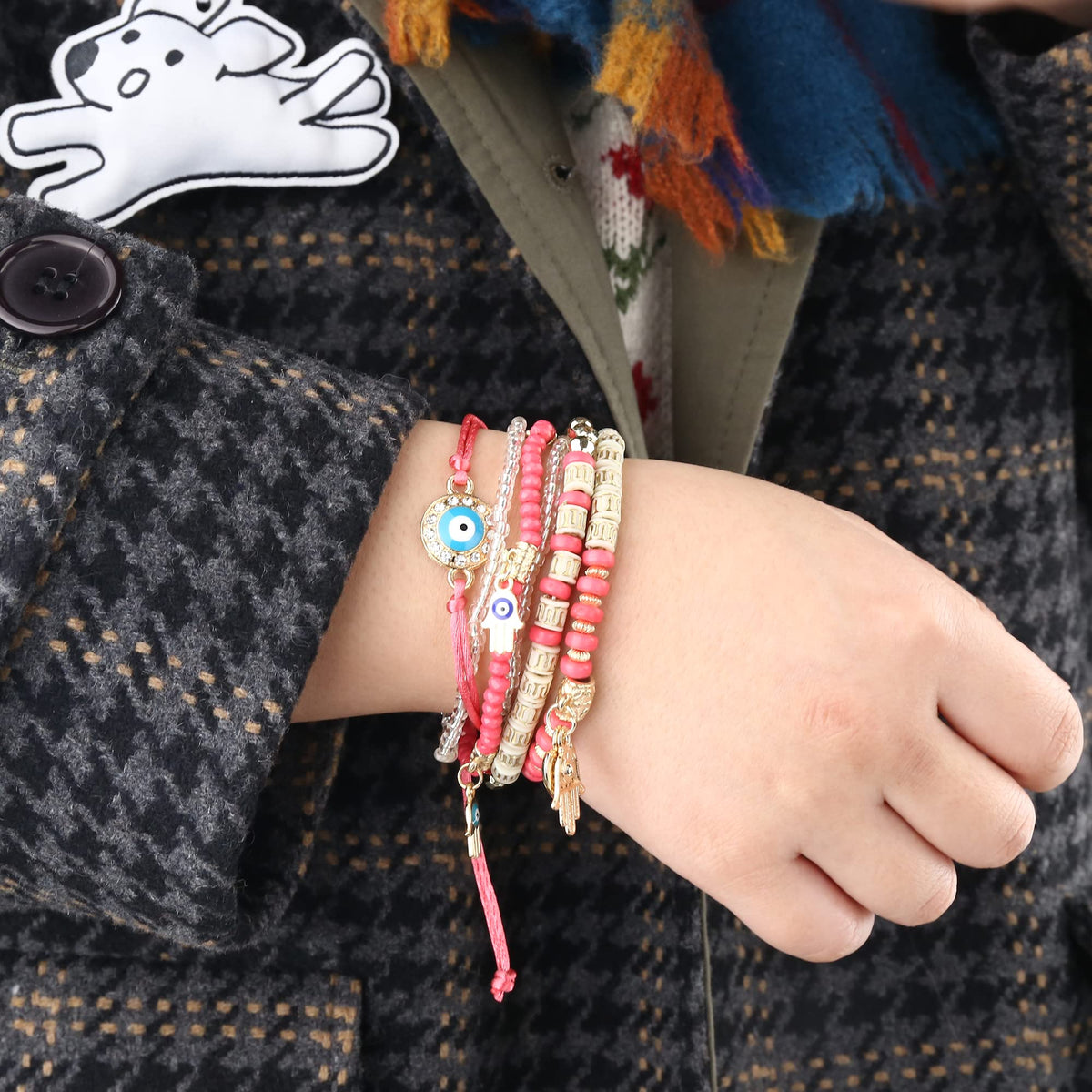 MILACOLATO Bohemian Bead Bracelets Set, Multilayer Evil Eye Stackable Bracelets, Comfort-Fit Stretch Bracelets for Women 6 Sets