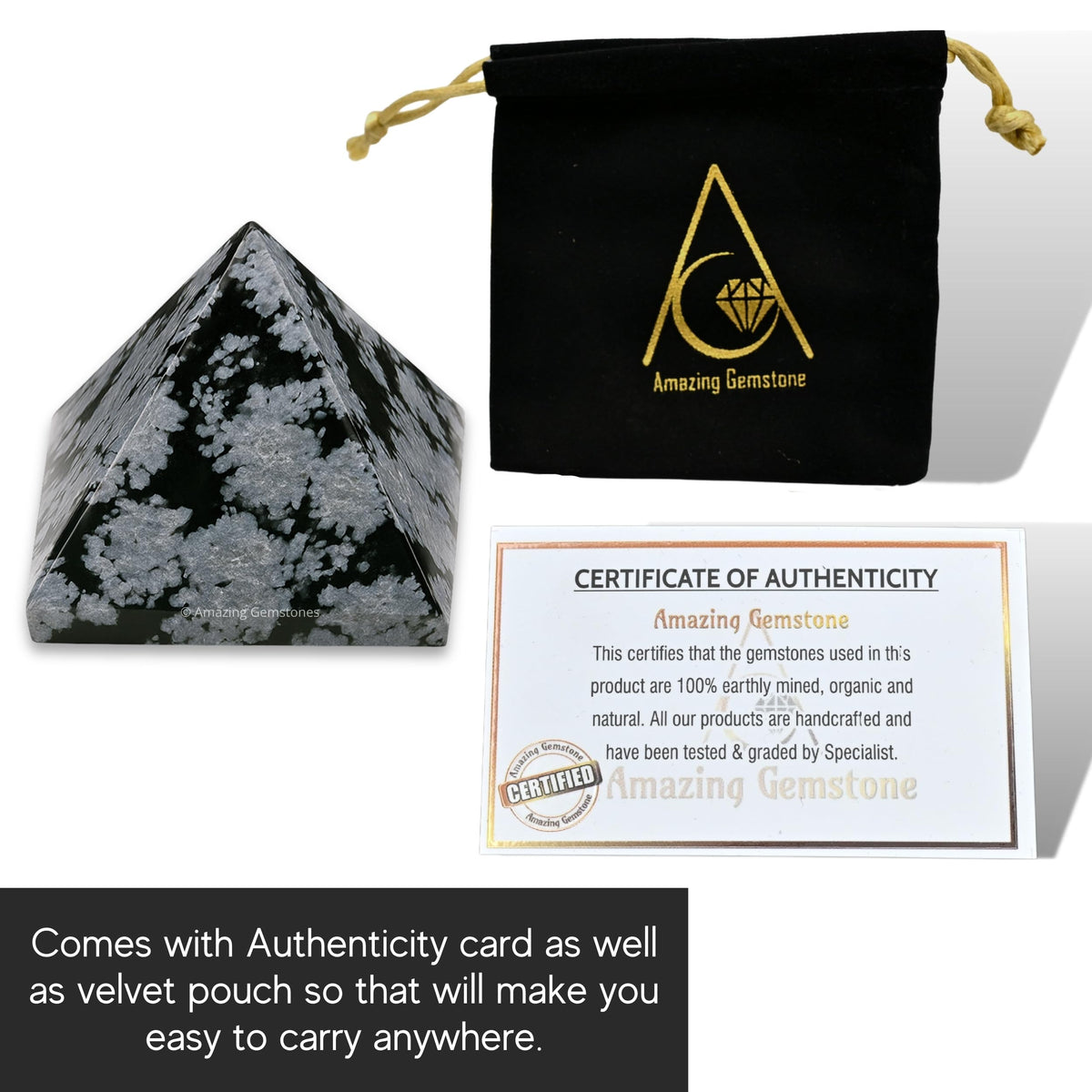 Amazing Gemstone Snowflake Obsidian Pyramid Crystal Healing Stones - 1" Great Pyramid Figurine of Natural Stone Pyramid for Meditation, Reiki, Chakra Balancing and Crystal Pyramids Grid