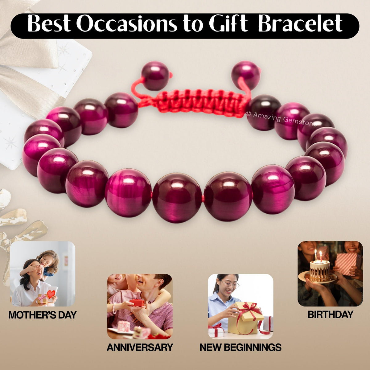 Amazing Gemstone Pink Tiger Eye Bracelet, Gifts For Men & Women - Protection Healing Crystal Bracelet - 8mm Gemstone Beaded Adjustable Bracelet, Pulseras Para Hombres Mujer Stocking Stuffers