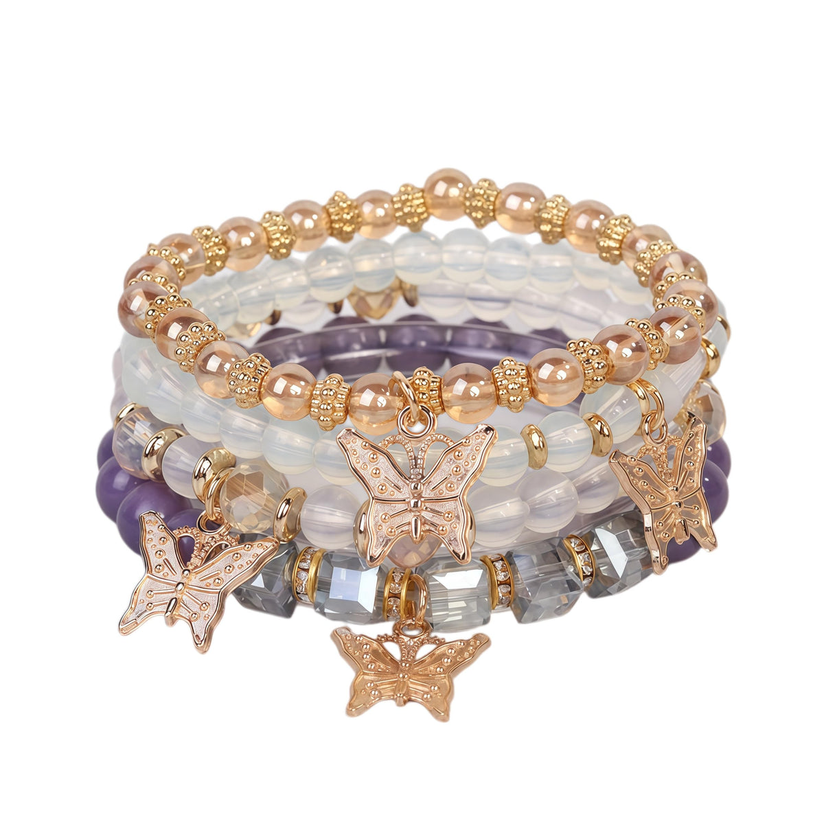 LOTSOF Boho Flower Beaded Bracelet Set for Women - Multilayer Crystal & Flower Charm Stackable Bracelets, Fashion Jewelry Gift for Her (Purple Butterfly)