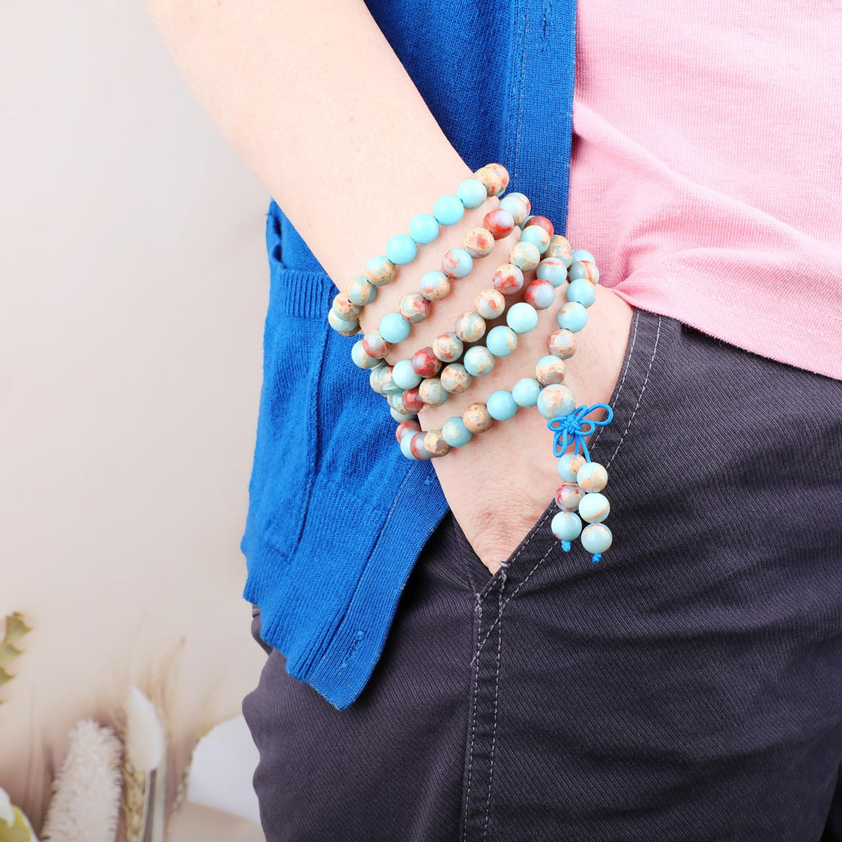AD Beads 8mm 108 Prayer Mala Amazonite Elastic Bracelet - Unlock Your True Self - Handmade Yoga Meditation Healing Power Energy Gifts for Unisex Adult.