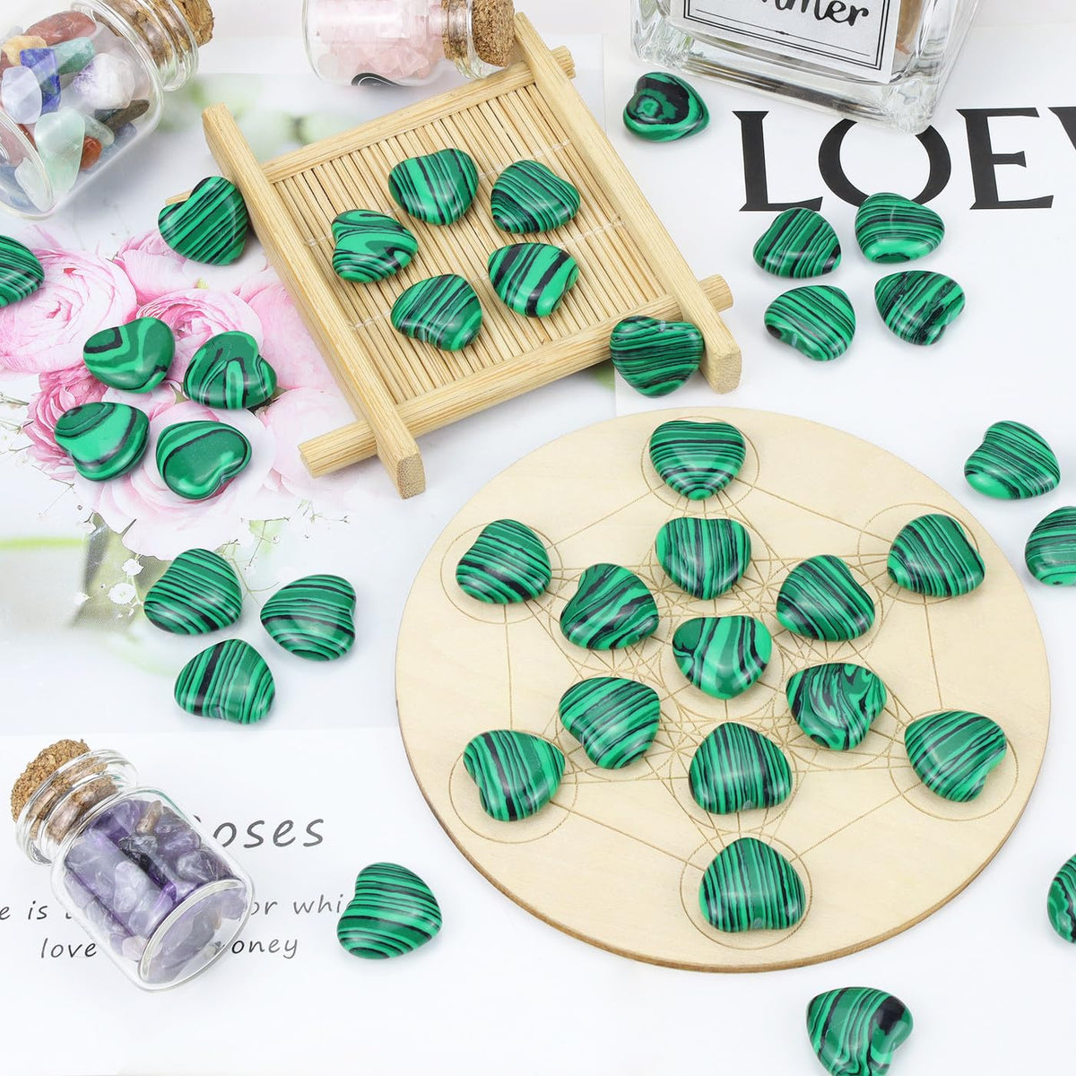 NUKAYAI 20PCS Malachite Healing Crystals Set Stones Love Heart Shaped Polished Green Crystal Natural Cute Pocket Thumb Reiki Wholesale Set Balancing Meditation Mothers Day Bulk Gifts for Women