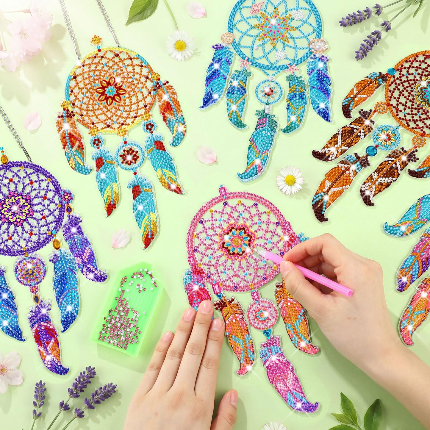 Honoson 6 Pcs Mandala Dream Catcher Diamond Painting Kits for Adults Suncatcher Diamond Art Hanging Kits Wind Chimes 5D Rhinestone Suncatcher Crystal Hanging Ornament for DIY Craft Window Home Decor