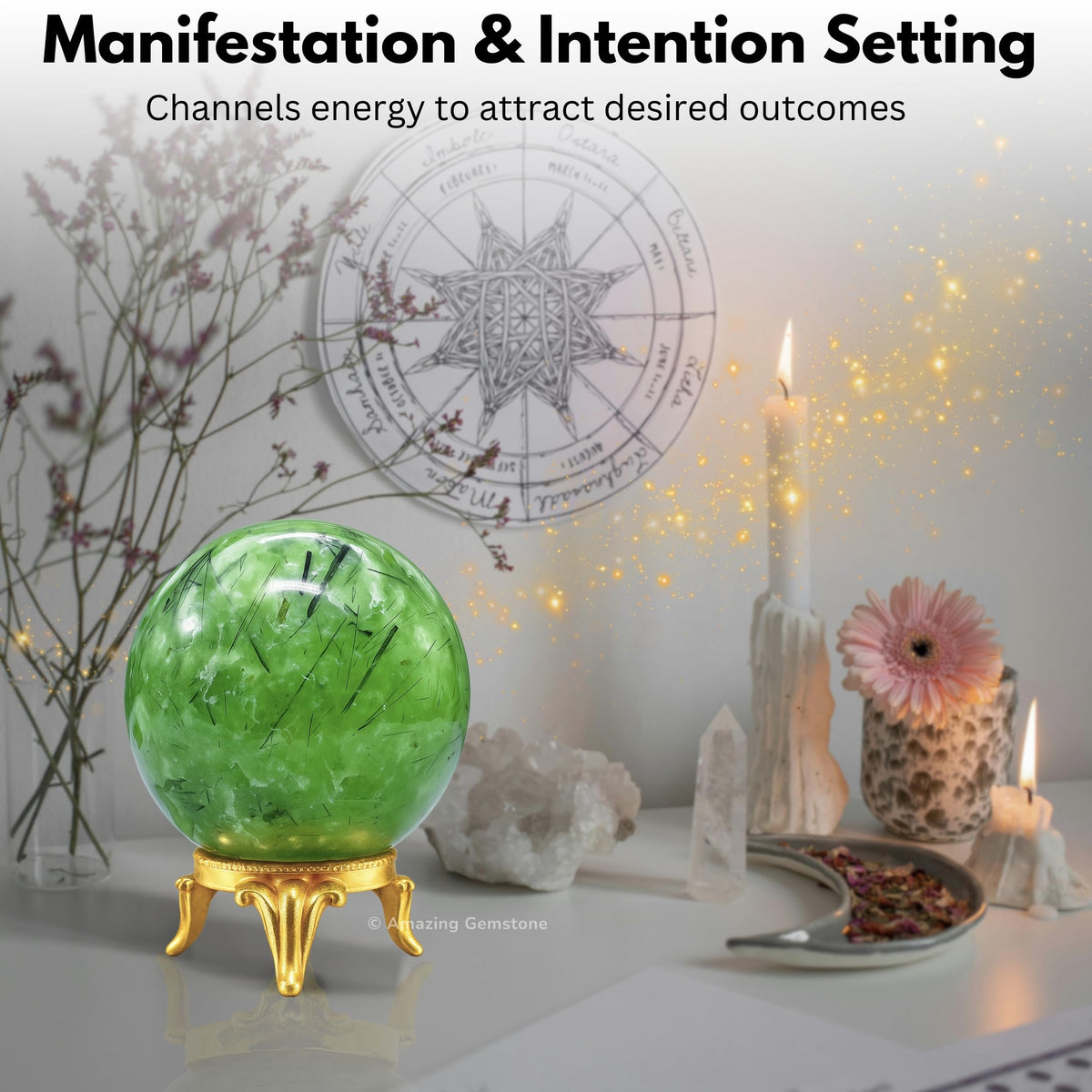 Amazing Gemstone Prehnite Crystal Ball with Stand - 2 Inches Crystal Sphere Meditation Balls for Witchcraft and Decorative Balls
