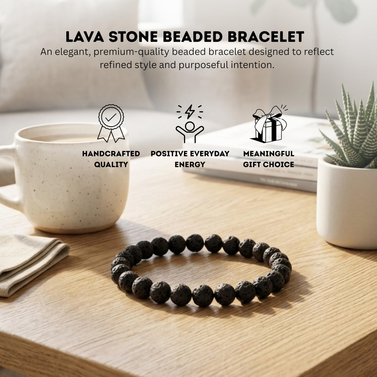 Cherry Tree Collection Lava Beaded Bracelet – Genuine 8mm Gemstone Stretch Bracelet for Men & Women – Handmade Crystal Bracelet - (Lava - M)