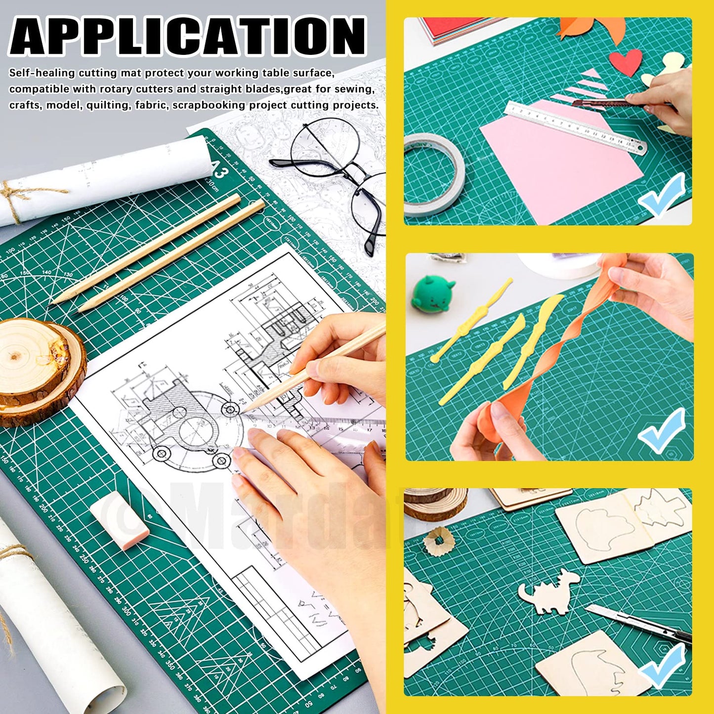 Mardatt 3Pcs A3 A4 A5 PVC Self Healing Cutting Mat with Precision Carving Knife, 5-Ply Double Sided Non-Slip Cutting Board Mat with Grid for Crafts Sewing Quilting Fabric(Green)