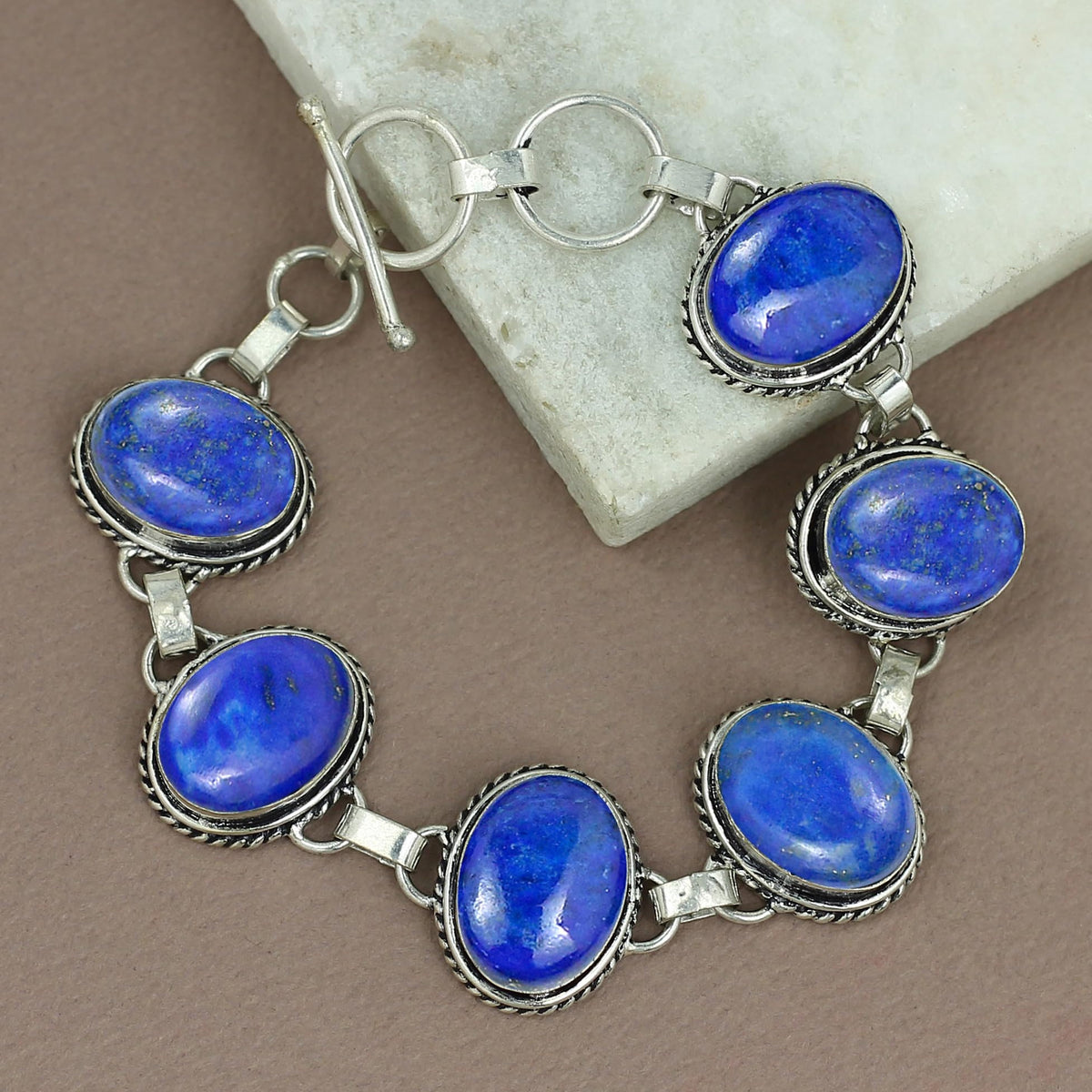 Natural Lapis Lazuli Silver Plated Handmade Link Bracelet for Women - September Birthstone Oval Gemstone Adjustable Bracelet Vintage Style Bohemian Jewelry - Mother's Day Gifts for Her