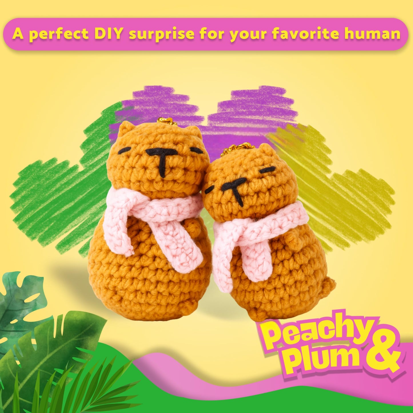 Berstuk Peachy & Plum β Snuggly Capybara Crochet Kit for Beginners β Easy Amigurumi Animal Kit with Yarn, Hook, Keychains & Step-by-Step Tutorials β Adorable DIY Gift for Teens & Adults
