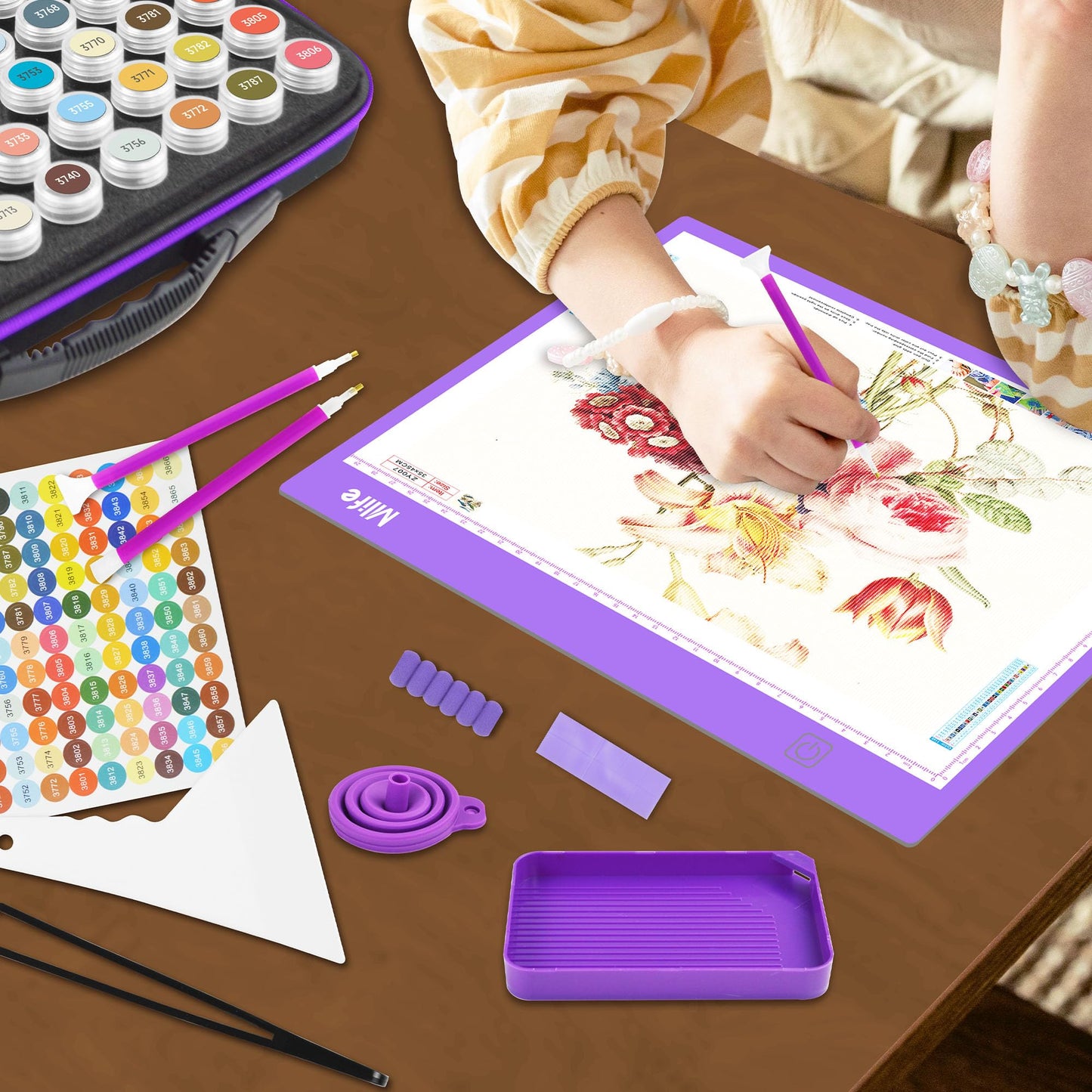 Mlife Diamond Painting Storage Boxes,1 Diamond Painting A4 Light Box Tracing Light Board with 3 Brightness, 80 Slots Bead Storage with 5D Diamond Art Accessories and Tools Kit(Purple)
