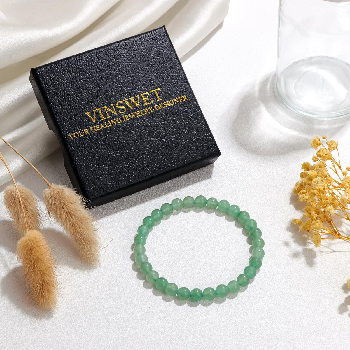 Vinswet Healing Crystal Bracelets for Women Men 6mm Green Aventurine Natural Stone Beaded Stretch Bracelet Handmade Gemstone Reiki Spiritual Jewelry Gifts