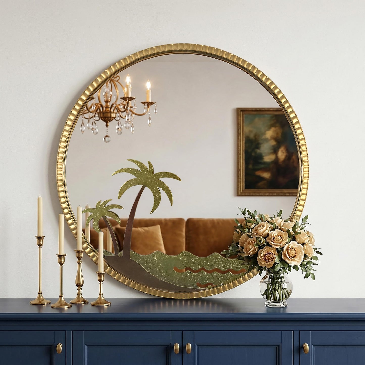 Kaleifaun Round Gold Wall Mirror 32" – Decorative Metal Frame Wall Mirror with Tropical Coconut Tree, Beaded Coastal Accent Mirror for Living Room, Bedroom, Bathroom, Beach House