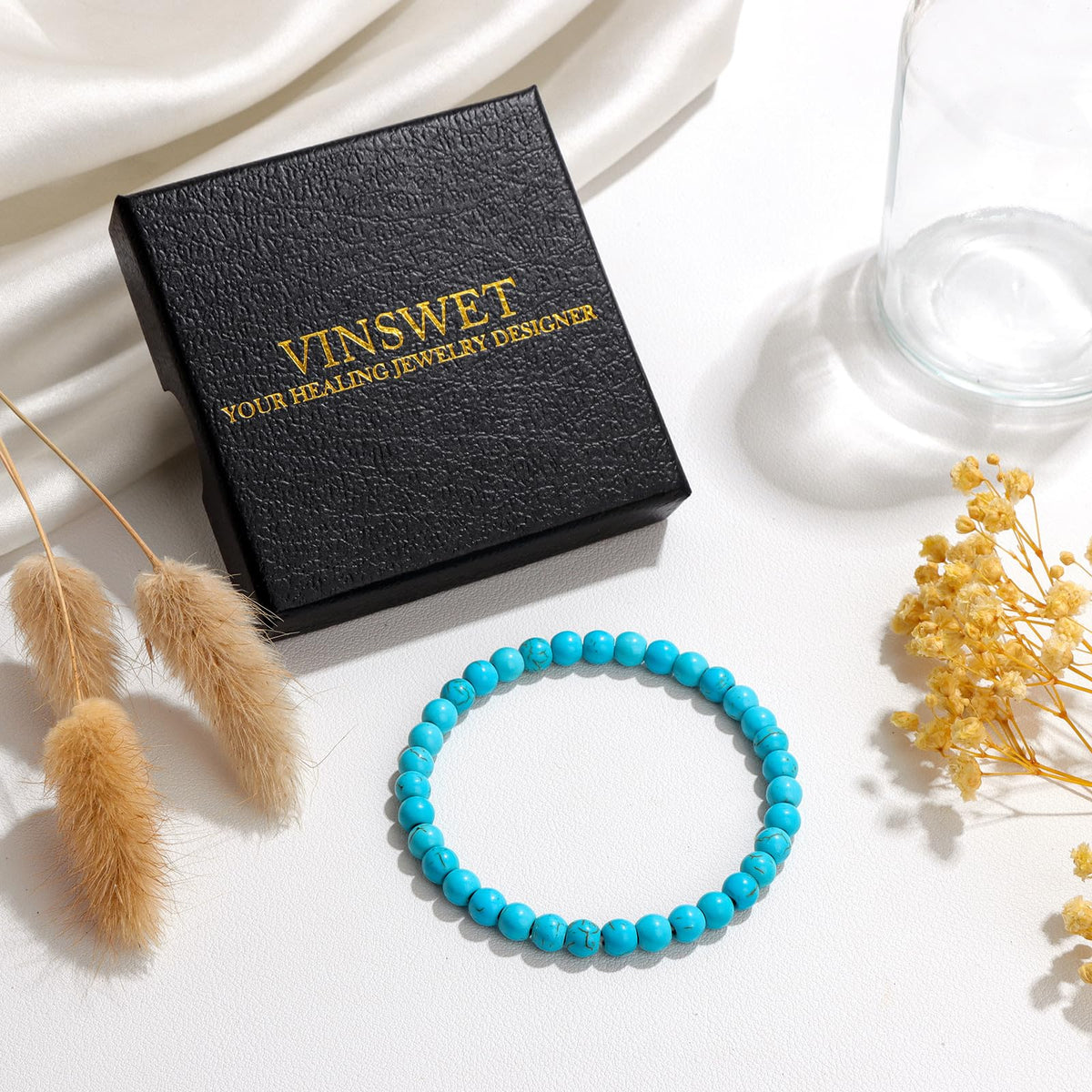 Vinswet Healing Crystal Bracelets for Women Men 6mm Turquoise Natural Stone Beaded Stretch Bracelet Handmade Gemstone Reiki Spiritual Jewelry Gifts
