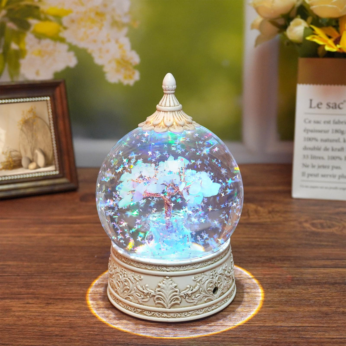 Aquamarine Healing Crystal Tree Globe with Colorful Lights and Sparkling Glitter, Natural Gemstone Base, Spiritual Meditation, Positive Energy Good Luck, Home Decor, Birthday Gifts (Aquamarine)