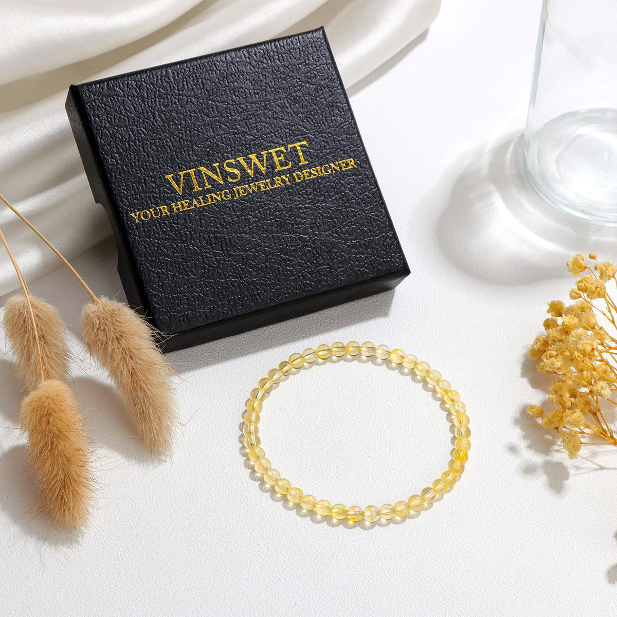 Vinswet Healing Crystal Bracelets for Women Men 4mm Citrine Natural Stone Beaded Stretch Bracelet Handmade Gemstone Reiki Spiritual Jewelry Gifts
