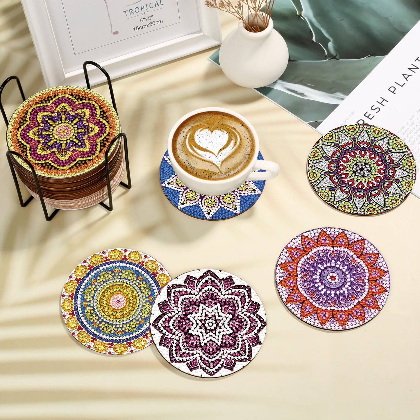 Caffox 20 Pieces Diamond Art Painting Coasters Kit with Holder, Diamond Art Coasters, DIY Diamond Art Crafts Projects, Diamond Art Kits for Adults and Beginners(Mandala Style)