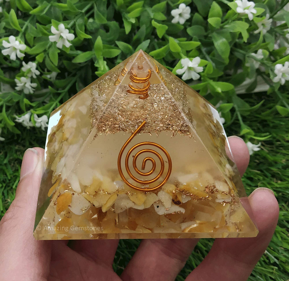 Amazing Gemstone Large Orgone Pyramid | Glow in Dark Yellow Jasper Pyramid Crystal | Orgonite Pyramid | Organ Pyramids Positive Energy Healing