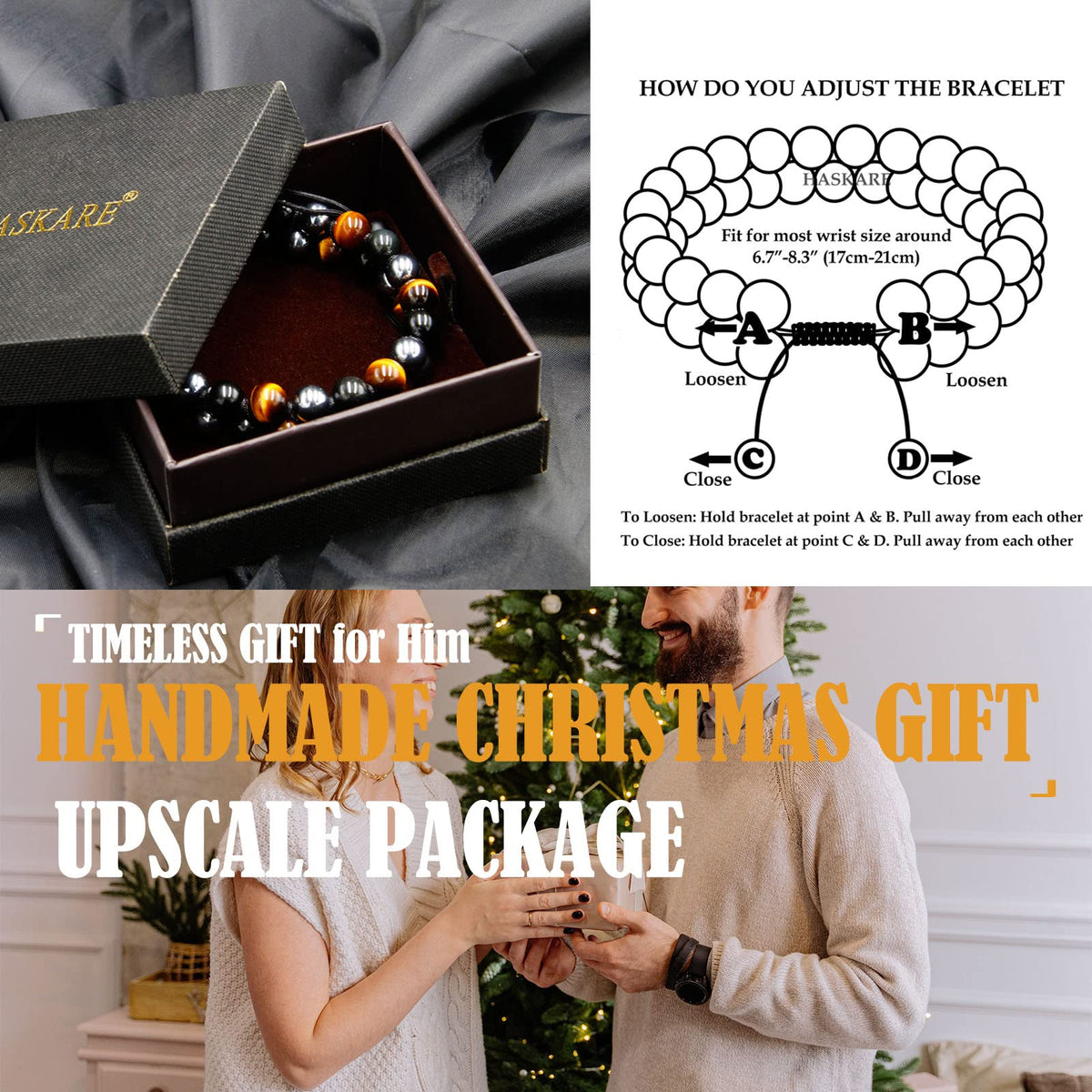 HASKARE Triple Protection Bracelet for Men - Genuine Tigers Eye Black Obsidian Hematite 8mm Natural Stone Beads Stretchy Healing Crystal Jewelry, Anxiety Relief Energy, Ideal for Dad Husband Christmas Birthday