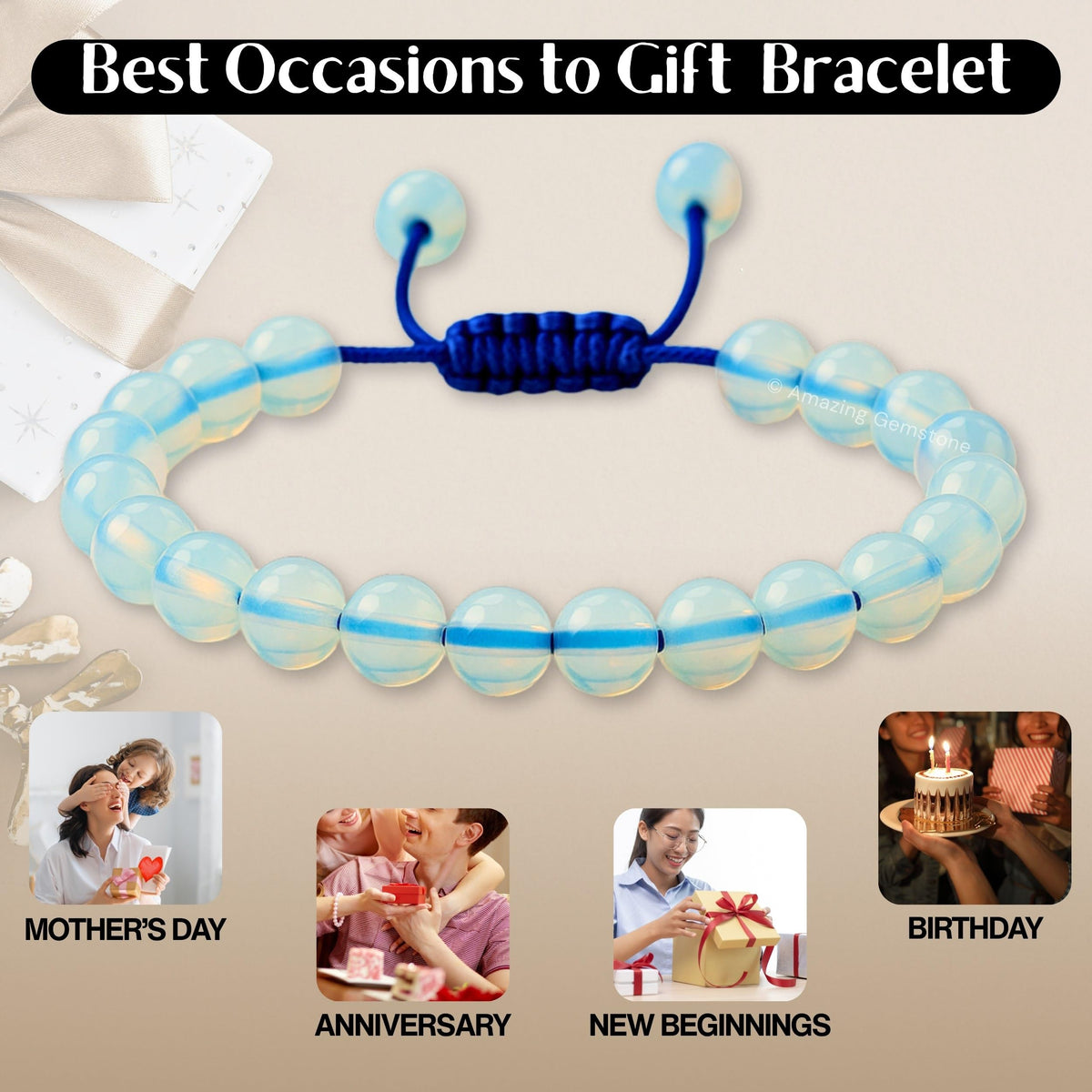 Amazing Gemstone Opalite Bracelet for Women Men's Gifts - Protection Healing Crystal Bracelet - 8mm Gemstones Beaded Adjustable Bracelet Pulseras Para Hombres Mujer Stocking Stuffers