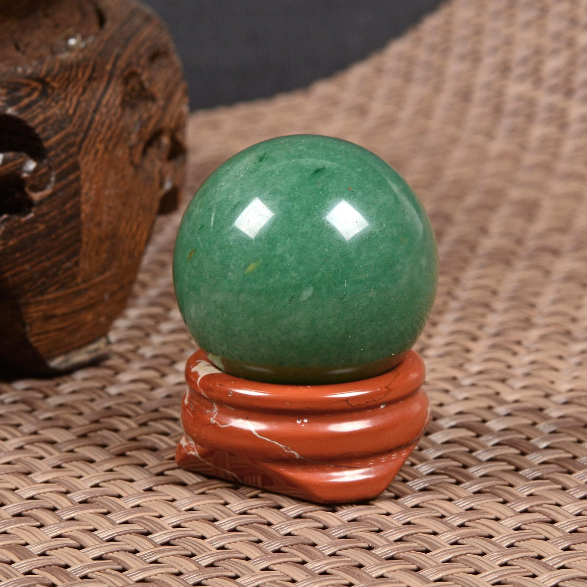 Justinstones Natural Polished Green Aventurine Sphere with Red Jasper Stand – Handcrafted Gemstone 30mm Ball for Energy Healing, Meditation, and Home Décor