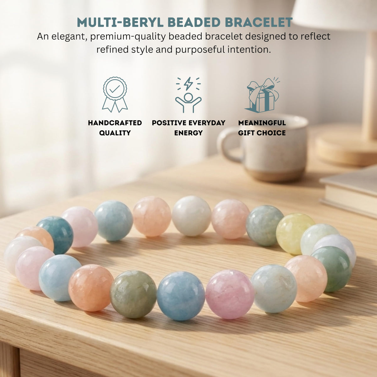 Cherry Tree Collection Multi-Beryl Beaded Bracelet – Genuine 8mm Gemstone Stretch Bracelet for Men & Women – Handmade Crystal Bracelet - (Multi-Beryl - S)