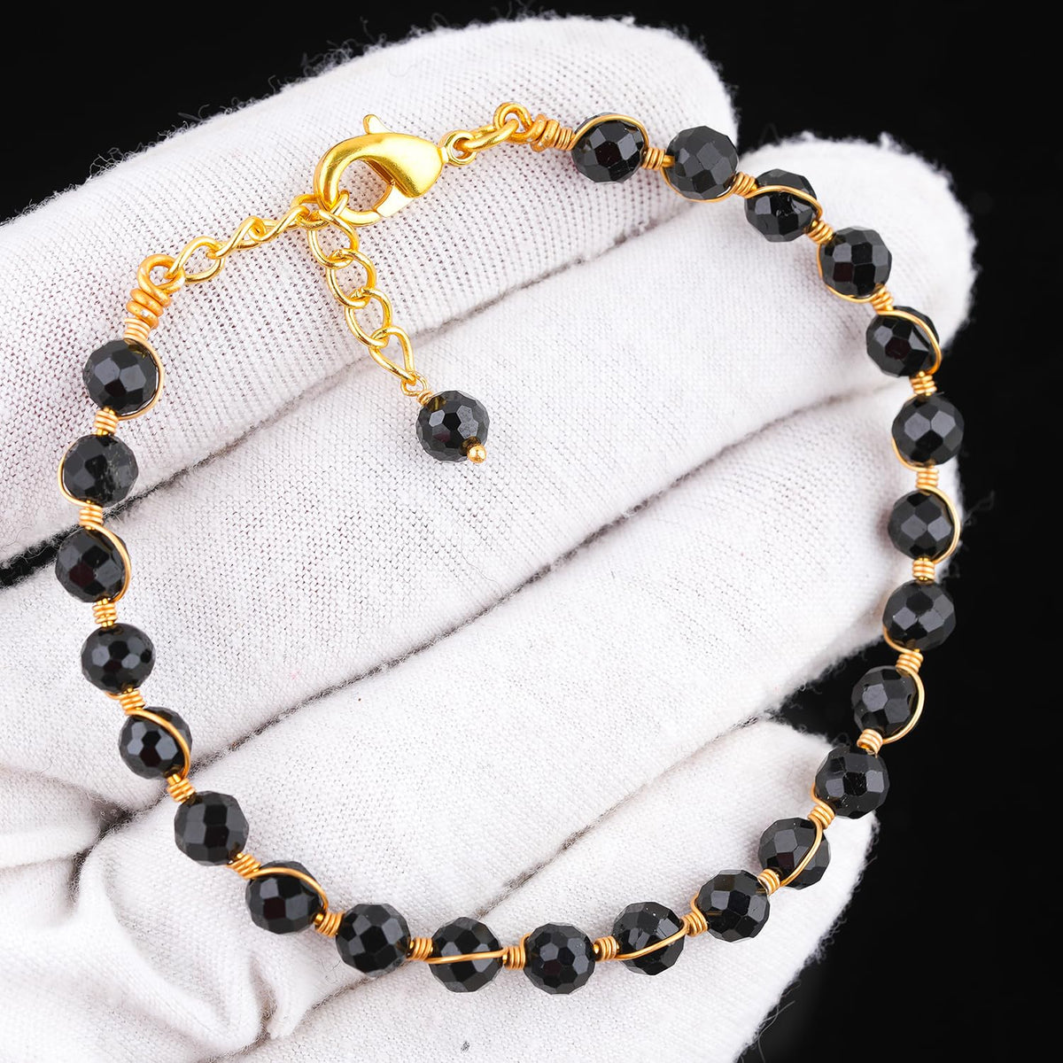 CRYSTALIS Wholesale Bulk Natural Black Tourmaline Gemstone Beads Strand Bracelet, Wire Wrapping Elegant Beaded Crystal, Chakra Healing Bracelet, Stones Jewelry, Gold Plating 8 inch