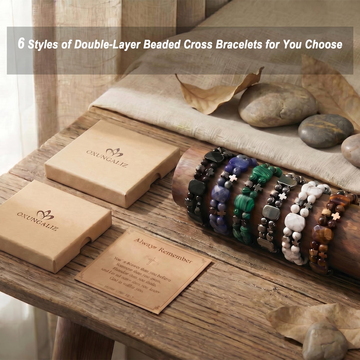 Christian Gifts for Men, Jesus Cross Bracelet for Men Handmade Double Elastic Beaded Bracelets Natural Crystal Gemstone Religious Jewelry for Boyfriend Husband Birthday Anniversary (Howlite)