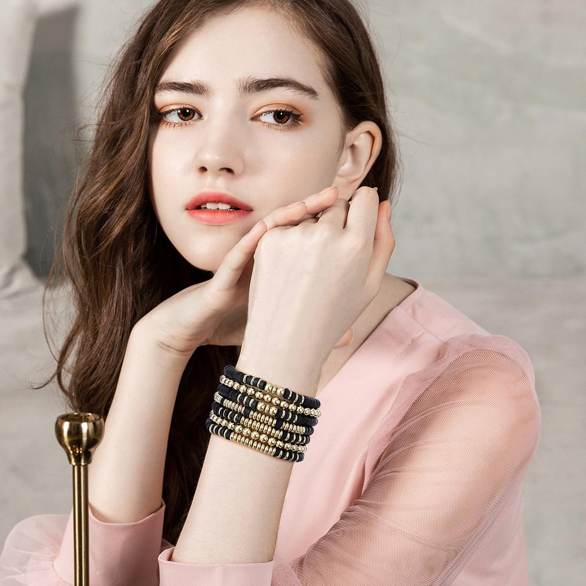 GOOJIDS Surfer Heishi Clay Bead Bracelets for Women Bohemian Stackable Gold Plated Beaded Stretch Bracelets Elastic Layering Friendship Bracelets Set Boho Jewelry