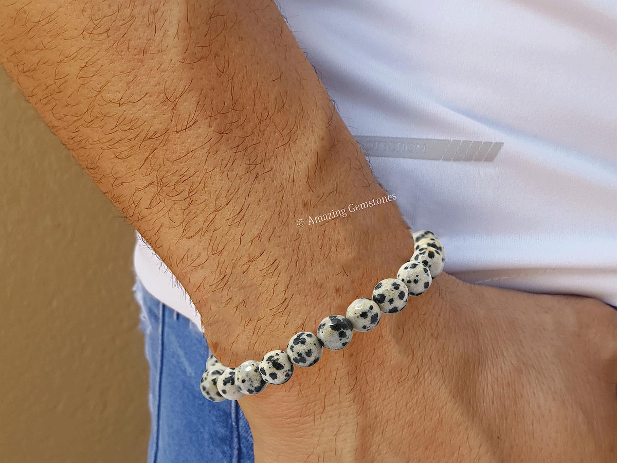 Amazing Gemstone Dalmatian Jasper Bracelet for Women - Chakra Mens Bracelet Protection Crystals and Healing Stones - Blessing Spiritual Meditation Stocking Stuffers (Faceted Beaded Bracelet)