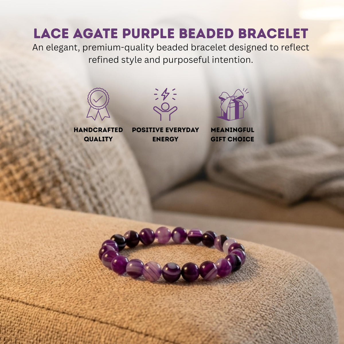Cherry Tree Collection Lace Agate Purple Beaded Bracelet – Genuine 8mm Gemstone Stretch Bracelet for Men & Women – Handmade Crystal Bracelet - (Lace Agate Purple - M)
