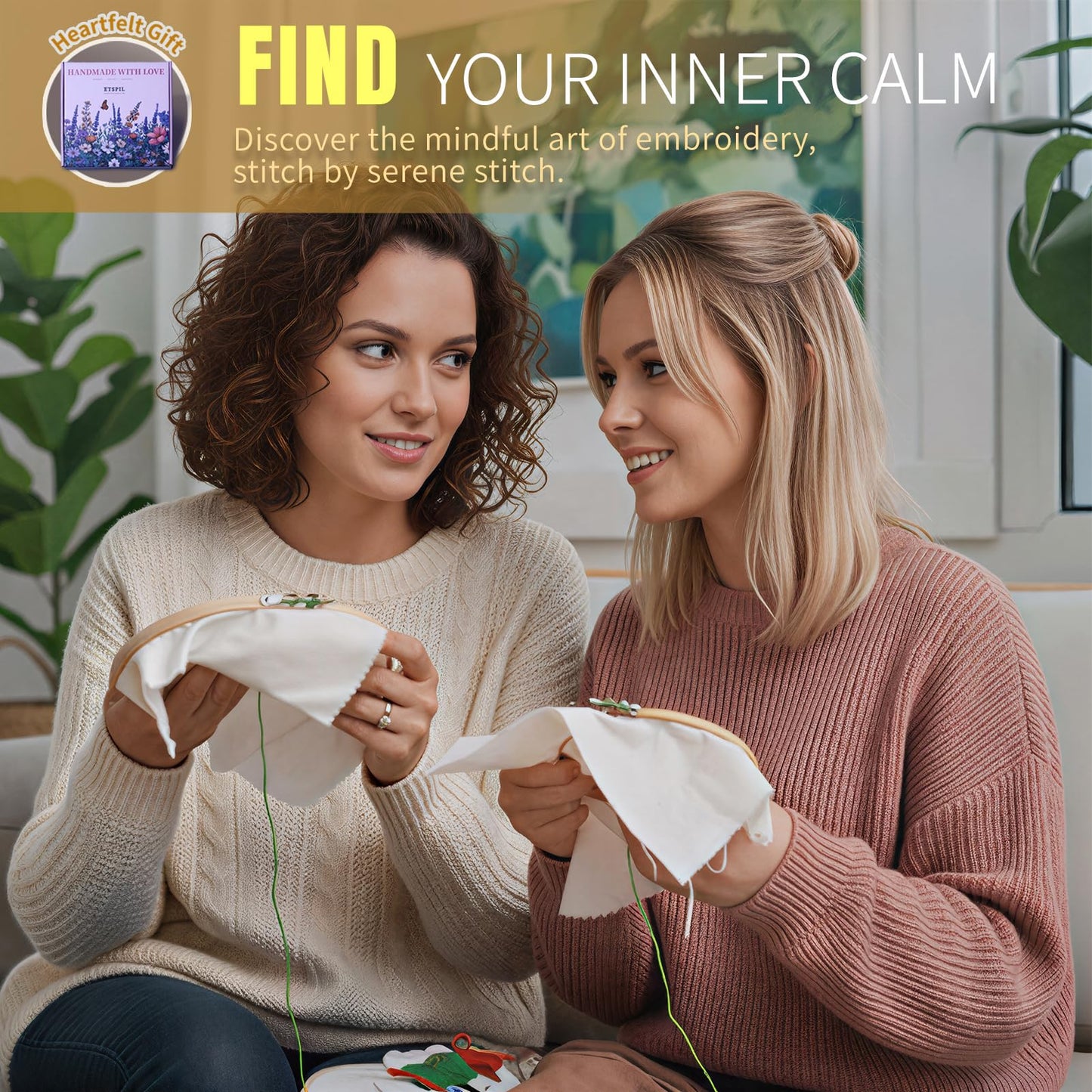ETSPIL Embroidery Kit for Beginners, Magnetic Needle Minder & 4K Video Tutorials, Pre-Printed Floral Patterns, Bound Guide, Relaxing Screen-Free Craft for Women at Home