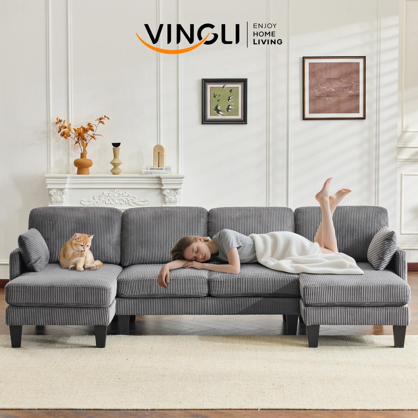 VINGLI 108" W U-Shaped Sectional Couches for Living Room, Sturdy Wooden Armrest Corduroy Cloud Couch with Double Chaise, High Support Modern 4-Seat Sectional Sofa for Apartment, Offices, Dark Grey