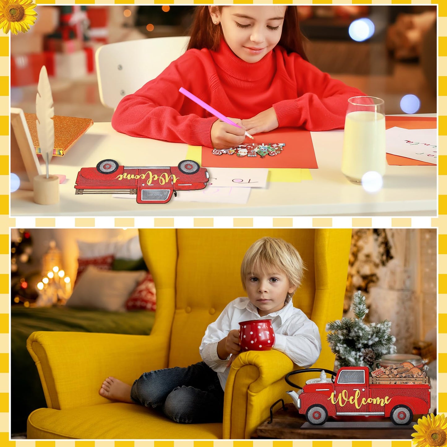 Burbell 13 Pcs Interchangeable Diamond Painting Art Welcome Signs Truck Stand Table Decor DIY Holiday Seasonal Tiered Tray Decoration Diamond Art Ornament Kits with 12 Holiday Icons for Home Wall