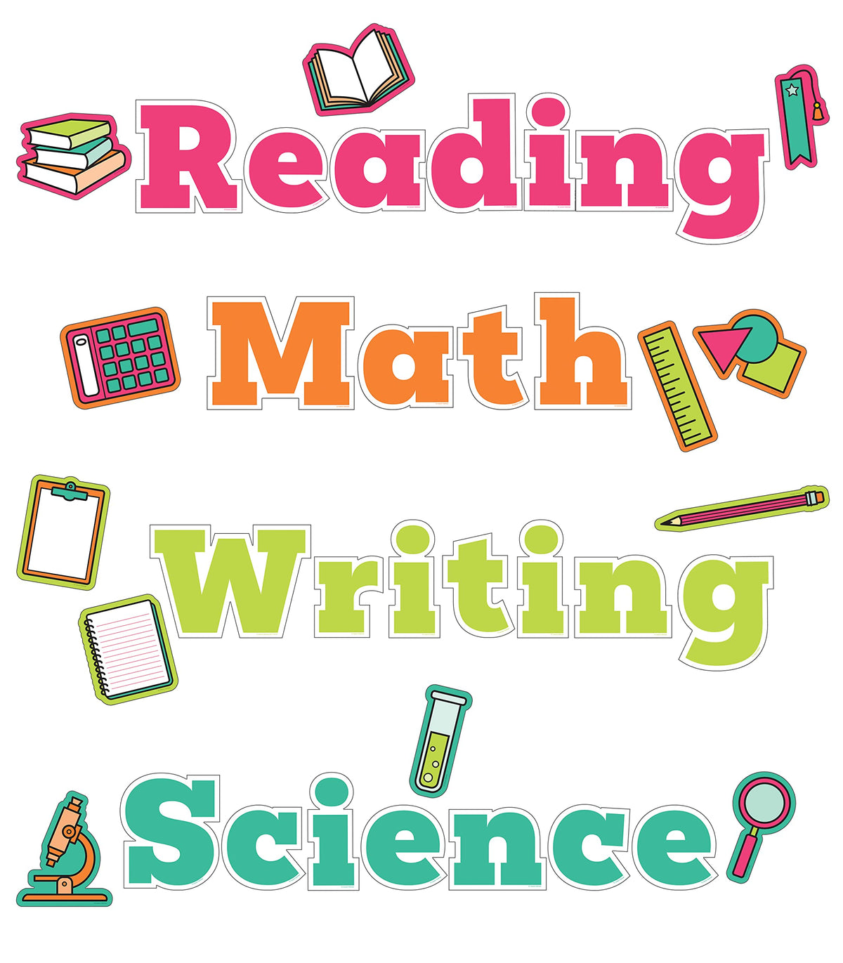 Carson Dellosa 37PC Core Subjects Bulletin Board Decorations, Reading Comprehension, Math, Writing, and Science Classroom Decor and School Supplies Cutouts