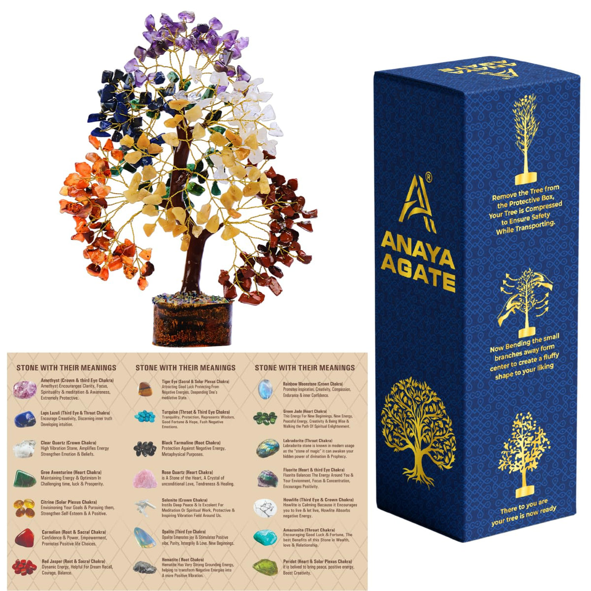 ANAYA AGATE Crystal Tree of Life 7 Chakra Healing Crystals Trees for Home Decor, Office Decor, Boho Decor, Handmade Bonsai Trees for Positive Energy, Money, Good Luck Birthday Gifts for Women, Mom