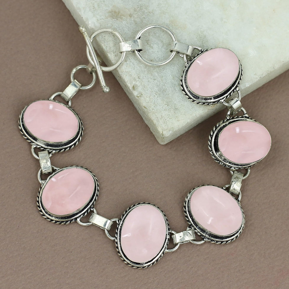 Natural Rose Quartz Silver Plated Handmade Link Bracelet for Women - Pink Color Oval Shape Gemstones January Birthstone Statement Adjustable Bracelet - Valentine Day Gifts for Her