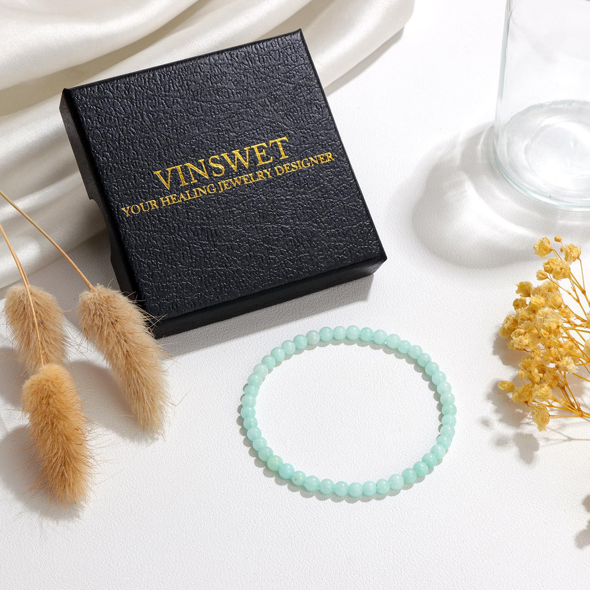 Vinswet Healing Crystal Bracelets for Women Men 4mm Aquamarine Natural Stone Beaded Stretch Bracelet Handmade Gemstone Reiki Spiritual Jewelry Gifts