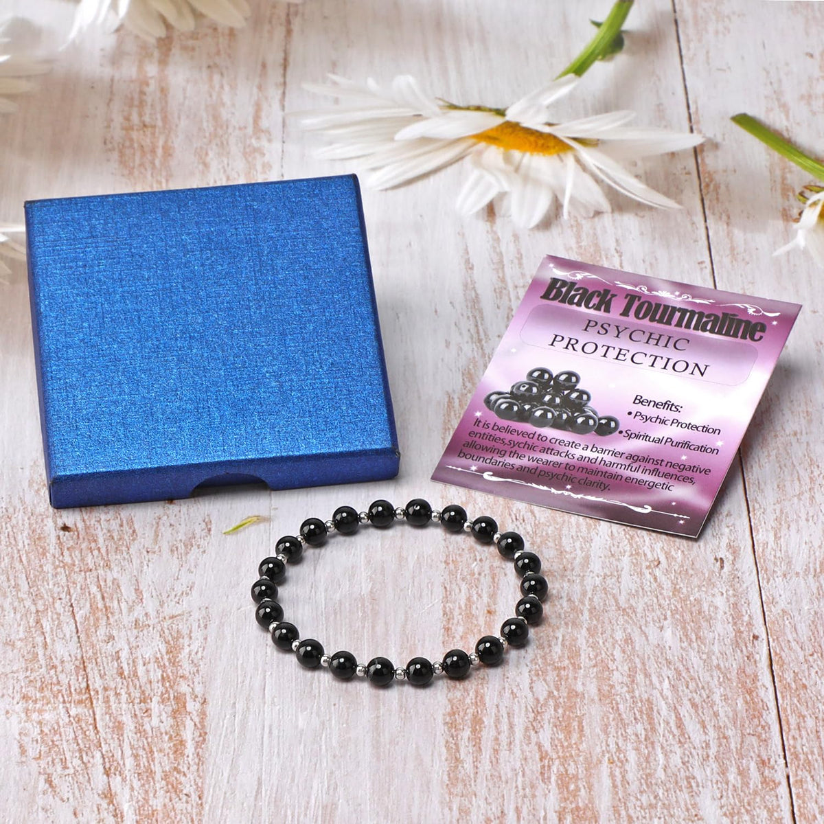 QOGIR Black Tourmaline - Psychic Protection - Stainless Silver Beads Natural Gemstone Stretch Elastic Dainty Healing Beaded Bracelets Gifts 6mm