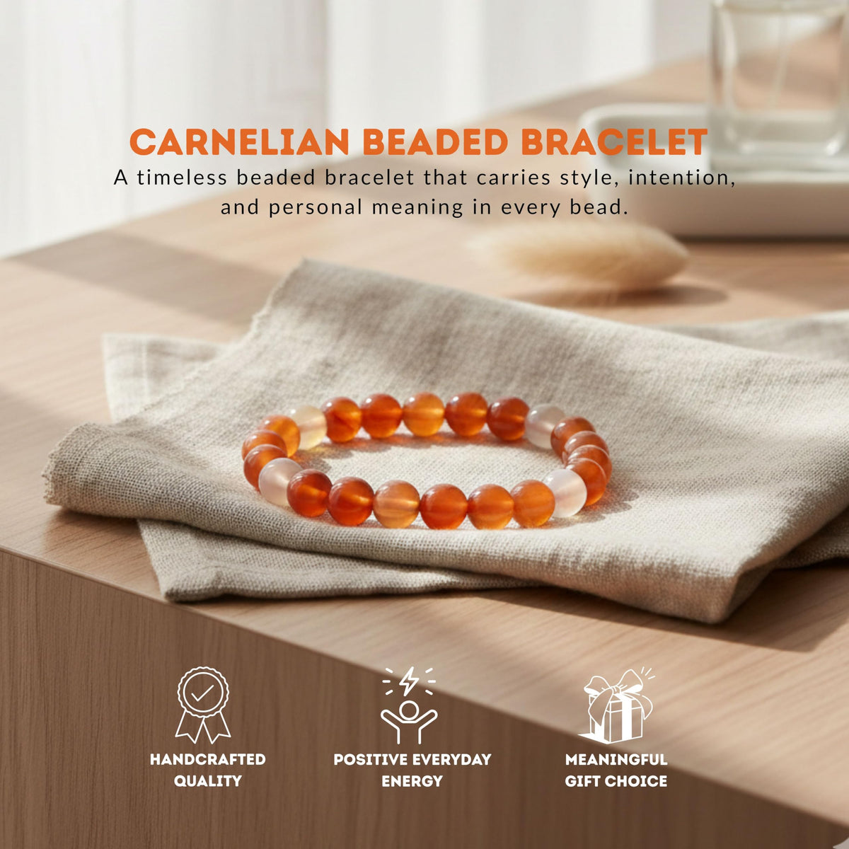 Cherry Tree Collection Carnelian Beaded Bracelet – Genuine 8mm Gemstone Stretch Bracelet for Men & Women – Handmade Crystal Bracelet - (Carnelian - S)