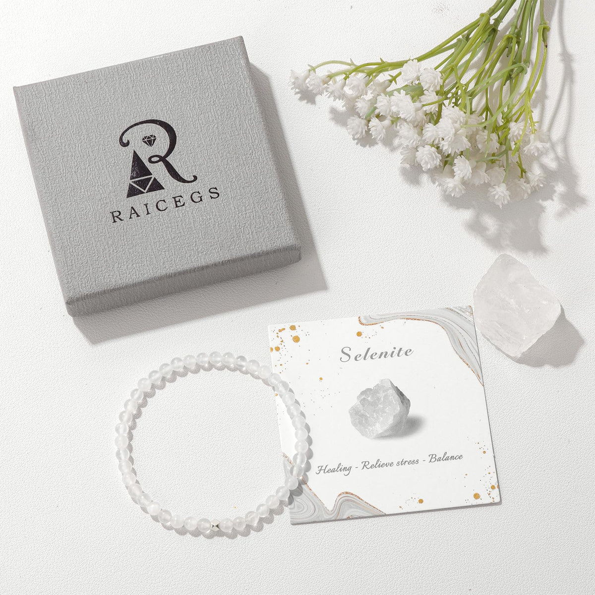 Raicegs 4MM Selenite Beaded Bracelets Healing Crystal Bracelet for Women Men Natural Stone Handmade Stretch Bracelet Reiki Spiritual Jewelry