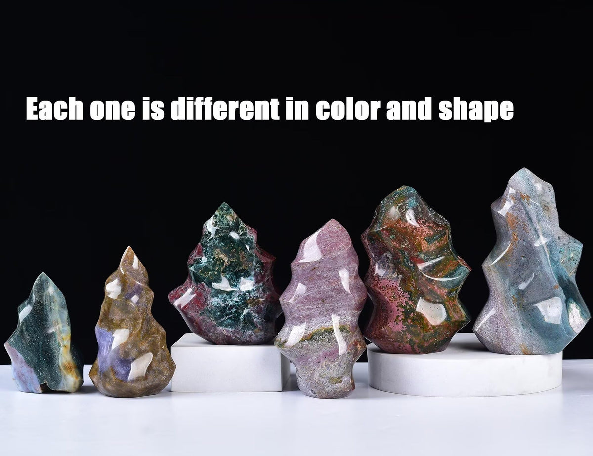 AMOYSTONE Ocean Jasper Flame Shaped Stone Towers Obelisk Natural Healing Crystal Quartz Reiki Energy Decoration Home Office Decor 0.6-1.0LBS