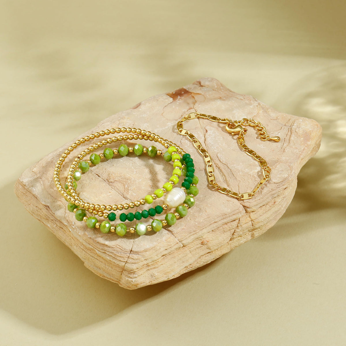Gold Bracelets for Women Green Crystal Multiple Layered Stackable Wrap Beaded Bangle Set Coffee Bean Chain Trendy Jewelry