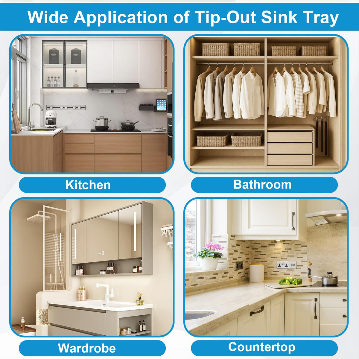 Upgraded 11" Tip-Out Plastic Sink Trays with Steel Hinges Kitchen Sink Tip Out Tray Kit, Pullout Organizer Cabinet Storage for Kitchen & Bathroom with 8 Mounting and 4 Screws, White (2 Pack)