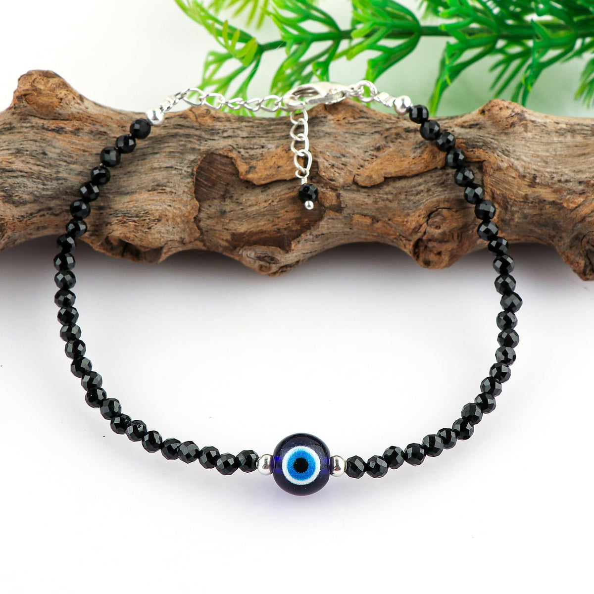 CRYSTALINES Natural Black Spinel Gemstone Bracelet, Faceted Beads Stones, Handmade Hypoallergenic Boho Jewelry for Women, Healing Crystals, Adjustable Silver Plated 7+1inch, Birthday Evil Eye Gift